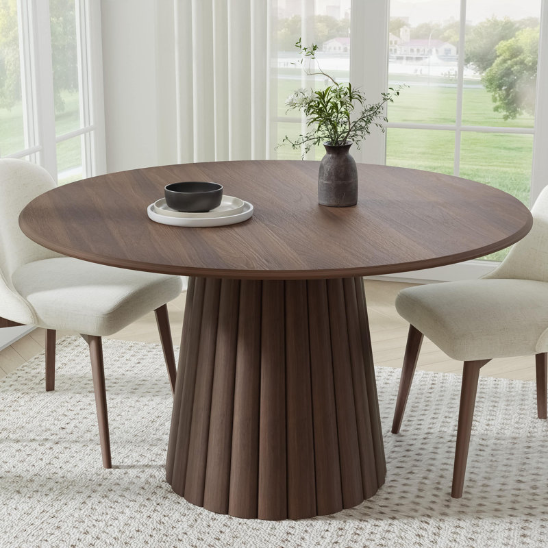 Solid Wood Dining Table Round Pedestal Kitchen Table, 30”H x 52”L x 52”W, Walnut