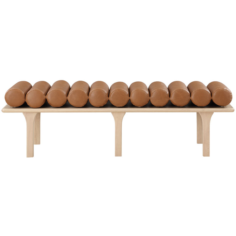 Landon Boutis Faux Leather Upholstered Bench, Cognac Vegan Leather, Natural Oak