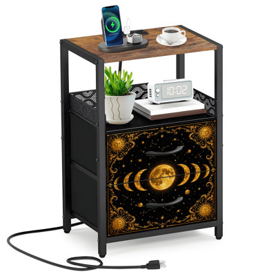 Table de chevet 2 tiroirs en tissu avec station de charge Mystical Gold Boho Witchy Celestial Sun Astrology