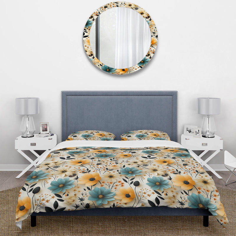 Ensemble de housse de couette à motif floral rétro bleu et beige, Housse de couette pour grand lit et 2 taies décor