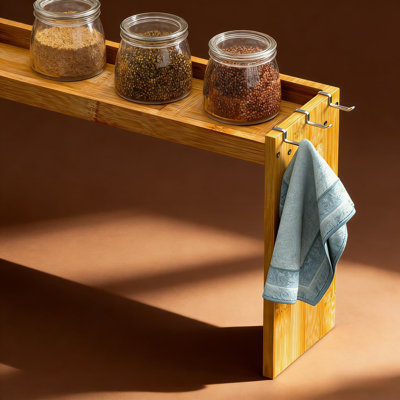 Bamboo Stove Top Spice Shelf Organizer With Stainless Steel Lips And 6 Hooks, Extra Kitchen Counter Storage Space, Easy To Assemble