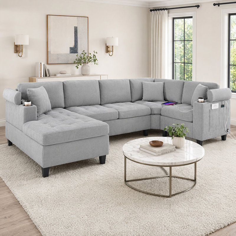 Canapé modulaire en forme de U pour la famille avec méridienne, ports de chargement USB et rangement caché, Light Gray