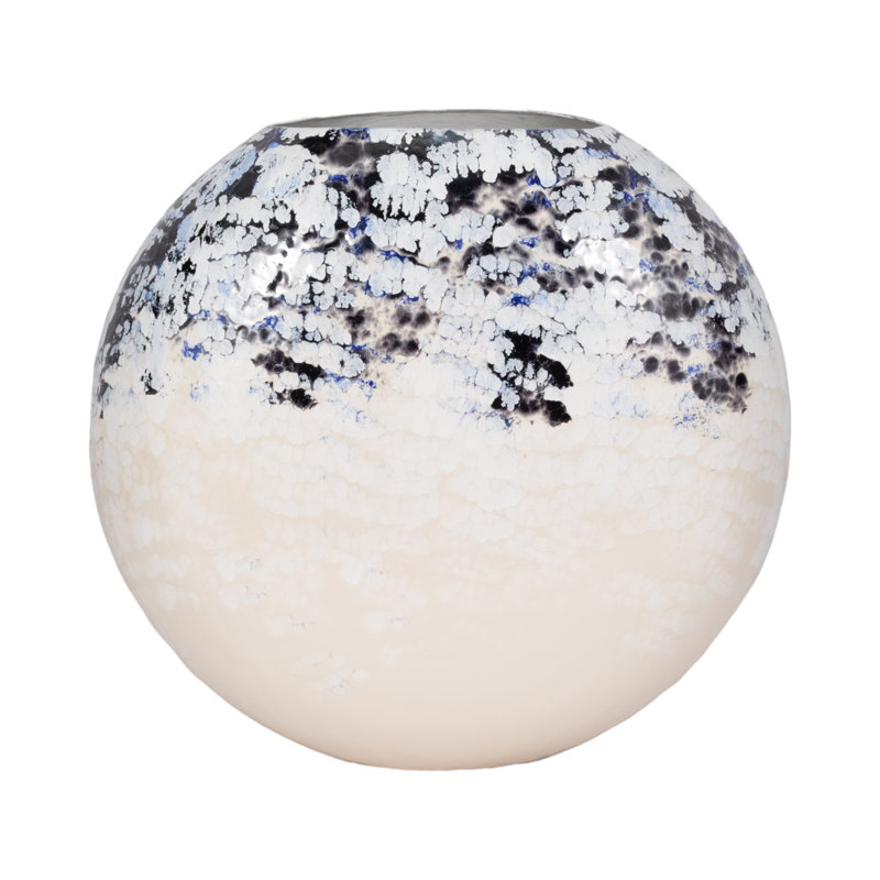 Modern Round Decorative Metal Iron Vase with Artistic Multi-Toned Detailing and Unique Sculptural Contemporary Design for Statement Accent Display in Living Room Entryway or Office Shelf Decor