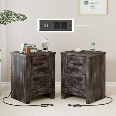 Nightstand With Charging Station, Farmhouse End Table