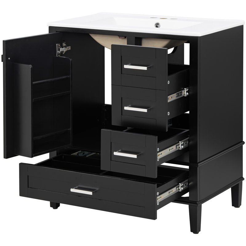 Ensemble de meuble-lavabo moderne de 30 pouces avec lavabo, armoire de rangement avec porte à fermeture en douceur et 3 tiroirs à fermeture en douceur, structure en bois massif