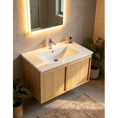 30" Floating Bathroom Vanity with Sink, Wall-Mounted Modern Light Oak Cabinet, Thin Edge Ceramic Basin, Soft-Close Doors, Spacious Storage, Easy Installation