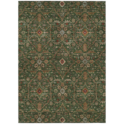 9' X 12' Emerald Brown And Red Floral Washable Indoor Outdoor Area Rug