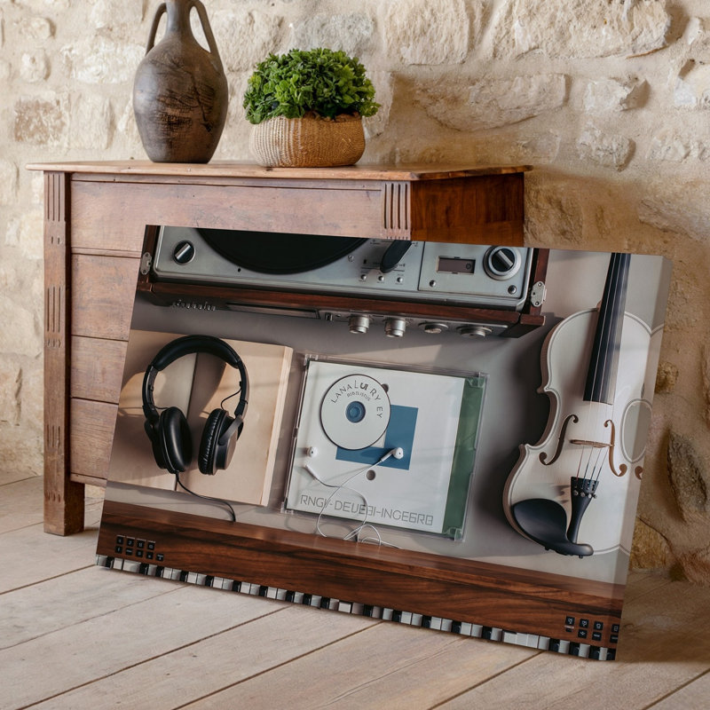 Toile «A Cosy Artistic Flat Lay Lay» mettant en vedette divers éléments musicaux, y compris l'art mural Une paire d'écouteurs noirs reposant sur une toile ouverte