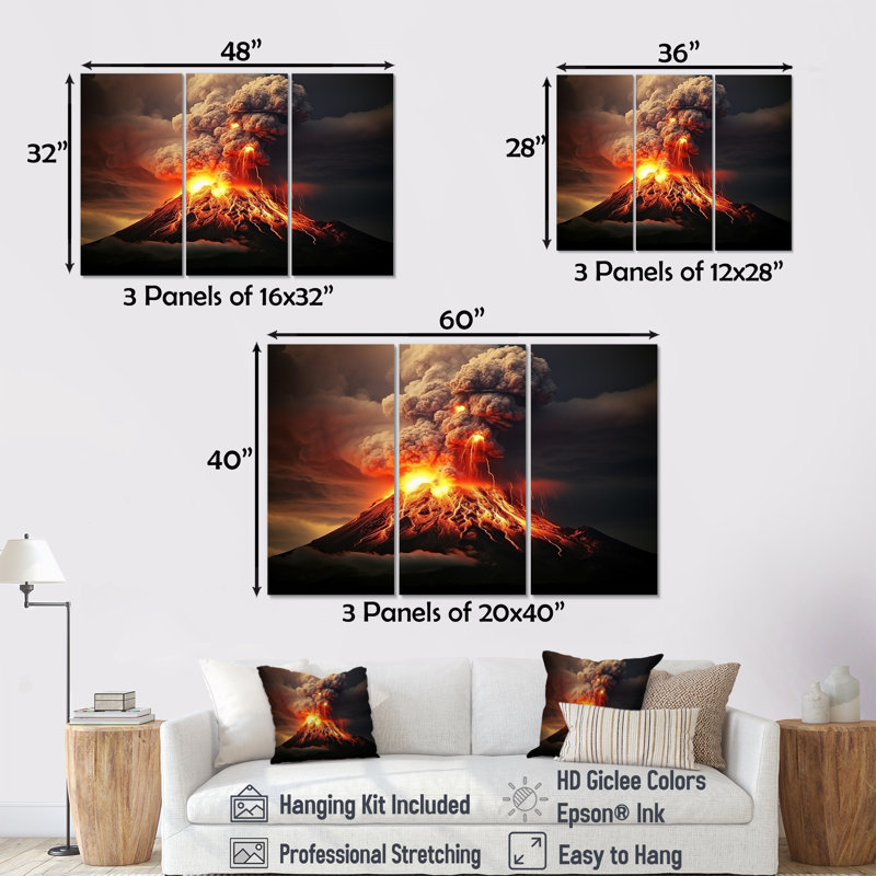 «Volcano Volcanic Explosion VI», ensemble de reproductions d'art mural volcan, Toile tendue, H 28 po x l 36 po x P 1 po