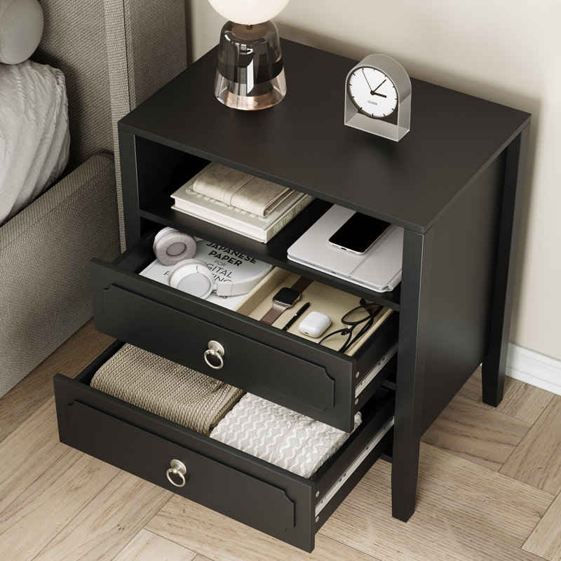 Transitional Black 2-Drawer Nightstand with Open Shelf and Ring Pull Handles, Individual