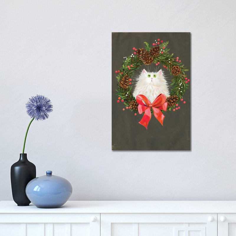 Festive Wreath White Cat 1 Piece Wall Art on Canvas, 30.48 cm H x 45.72 cm W, Wrapped Canvas