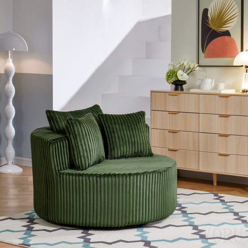 Oversized Round Swivel Accent Chair With Plush Upholstery & Matching Throw Pillows-Green