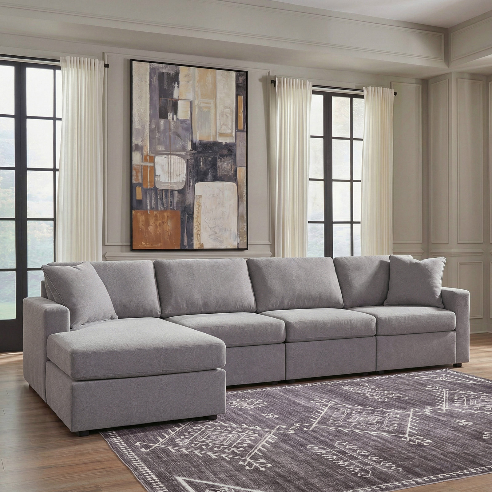 Modular Sectional, Left Hand Facing, 36" H x 140" W x 68"D, Gray Polyester