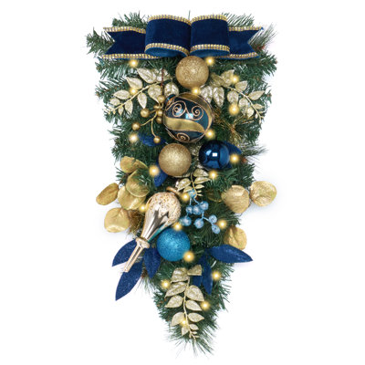 Ornement en forme de larme de Noël pré-éclairé Valery Madelyn pour décoration d'extérieur, boîte aux lettres de 24 pouces avec 20 lumières DEL, ruban d'ornement boule en or argenté pour porte d'entrée escalier fenêtre de Noël