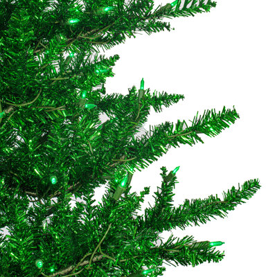 7.5' Tinsel Green Artificial Christmas Tree featuring 1634 PVC tips and 750 Green Dura-lit LED Italian Style lights
