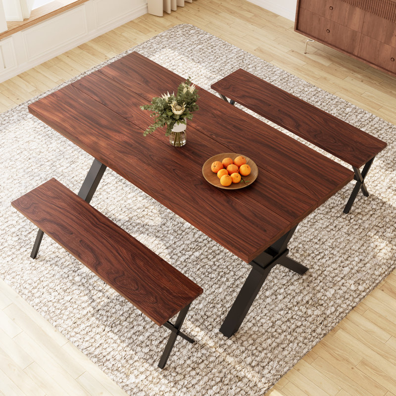 Kristofer Kitchen Dining Table Set, Rectangle Dining Table with Dining Bench(Table, 2 Benches), Tan
