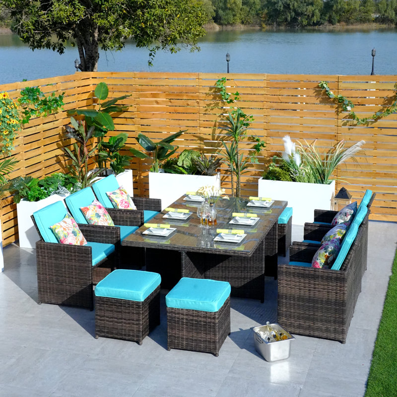 10 - Person Wicker Patio Dining Set with Rectangular Table , Cushions Included, Brown, Cyan