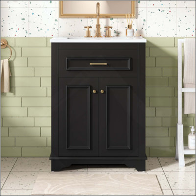 Meuble-lavabo avec lavabo en céramique intégré, armoire de salle de bain avec 2 portes, 1 tiroir basculant, meuble-lavabo simple pour salle de bain petite et moyenne (robinet non inclus)