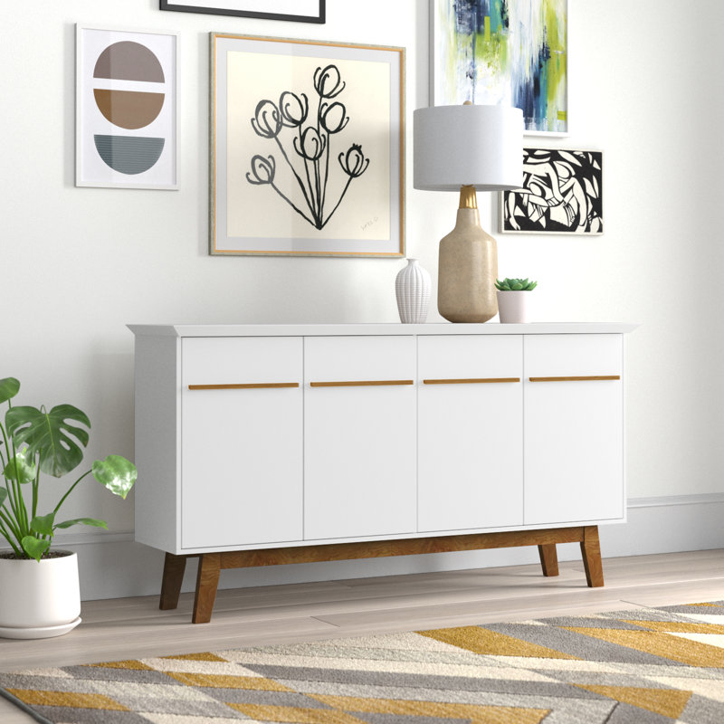 Buffet blanc Yonkers de 63 po avec 4 tablettes Mid-Century, Blanc / Cannelle