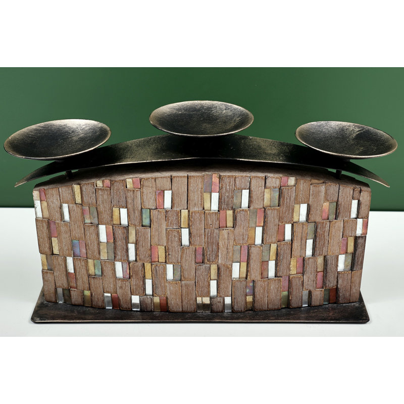 13" Handmade Wood Pillar Candle Holder | Distressed White Finish with Mosaic Glass Accent | Bohemian & Farmhouse Decor