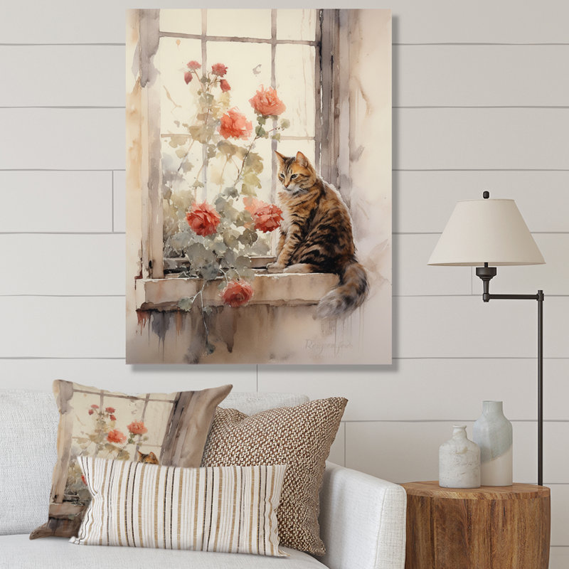 Chat brun assis sur une fenêtre, impression sur toile, Toile tendue, H 40 po x l 30 po x P 1,5 po