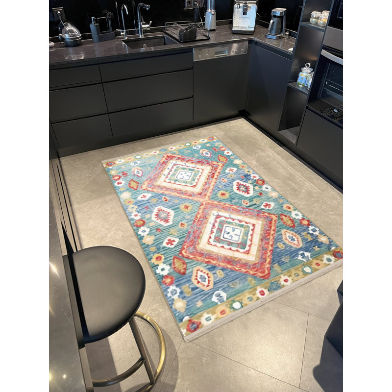 Tapis décoratif à motif géométrique rose et bleu, Tapis de couloir 3 pi 3,37 po x 9 pi 10,11 po