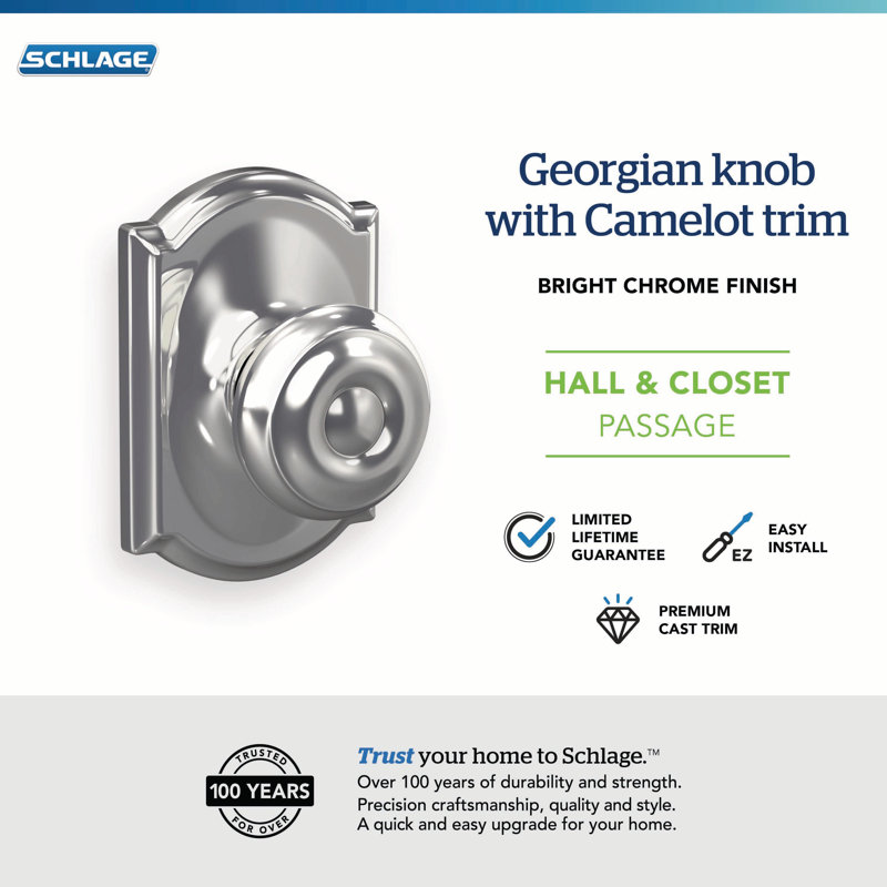 Georgian Passage Knob with Camelot Trim, Bright Chrome