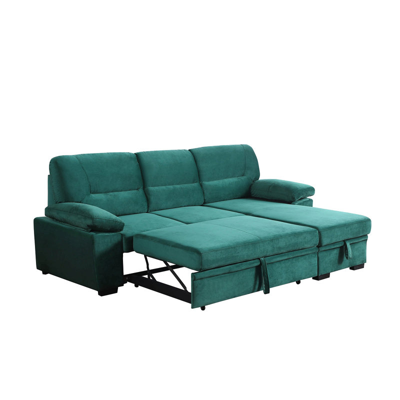 Kipriano 97.5"W Green Velvet Fabric Reversible Sleeper Sectional Sofa Chaise
