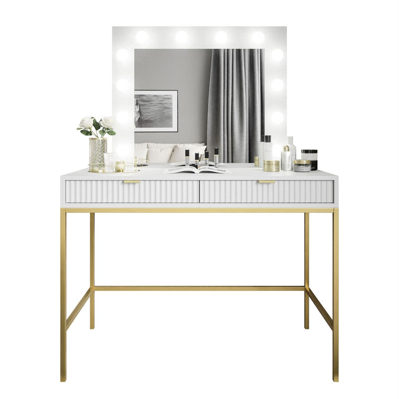 Aldonia Dressing Table with Mirror, White/Gold