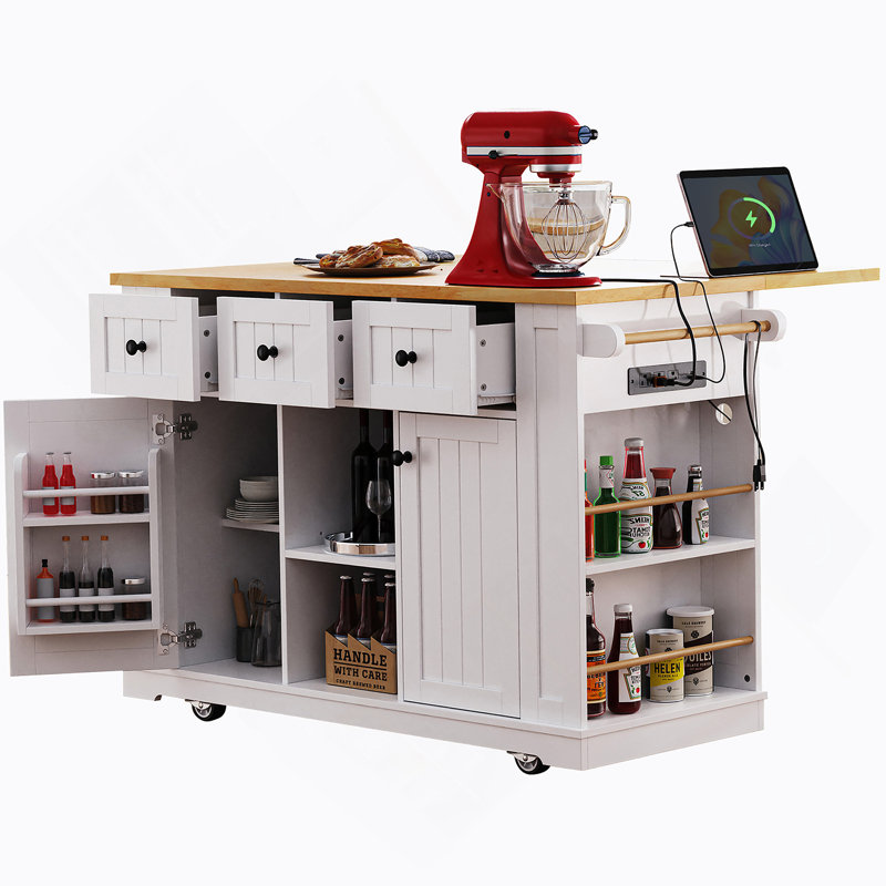 53inch Large Kitchen Island with Drop Leaf, Power Outlet, Door Internal Storage Rack, Rolling Kitchen Cart on 5 Wheels with 5 Open Side Racks for Kitchen, Dining Room (Not include bar stools)