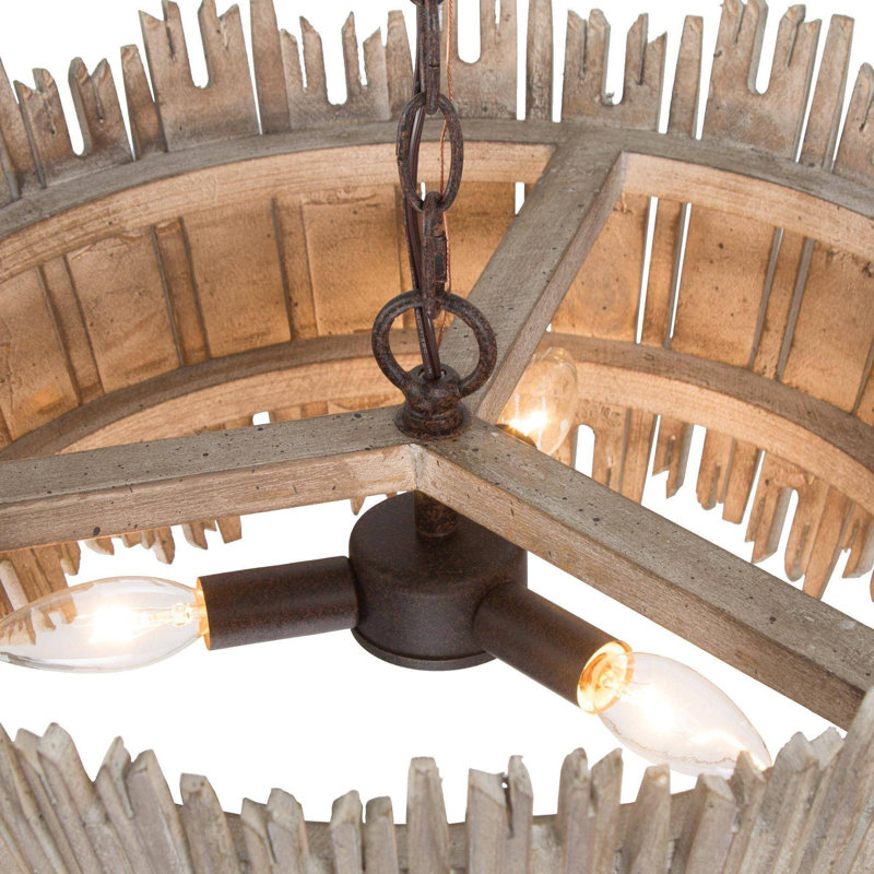 3 - Light Unique/Statement Rustic Drum Chandelier, Distress Wood