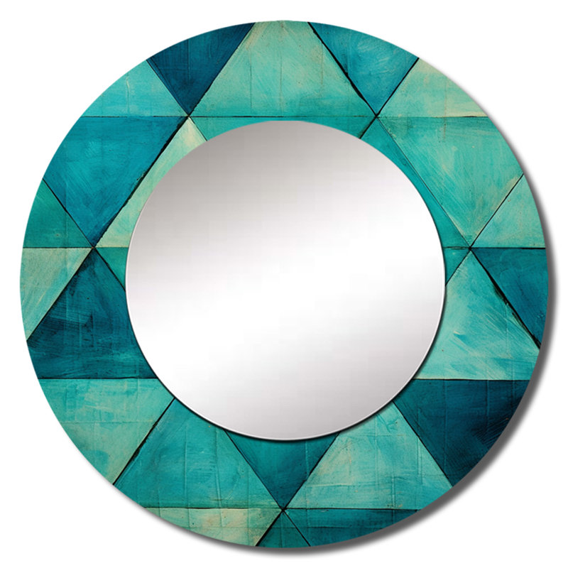 Turquoise triangles - miroir de formes abstraites, miroir mural décoratif rond moderne, impression d'art en métal