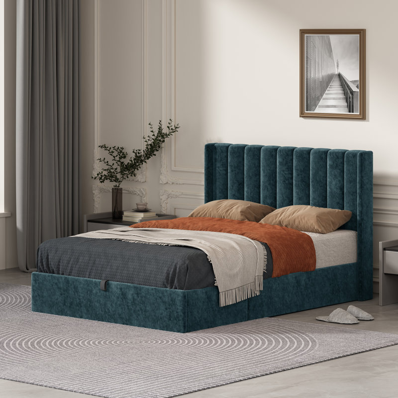 Daizia Lift Up Storage Platform Bed with Wingback Headboard, Full, Green