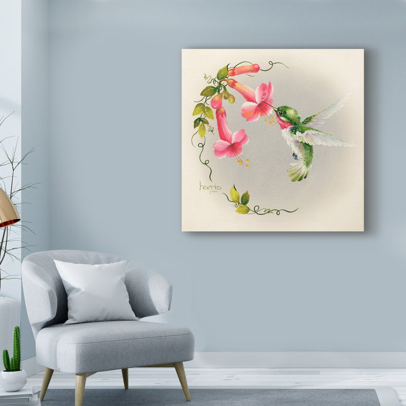 «Hummingbirds with Trumpet Flowers», reproduction de peinture acrylique sur toile tendue, H 18 po x l 18 po x P 2 po