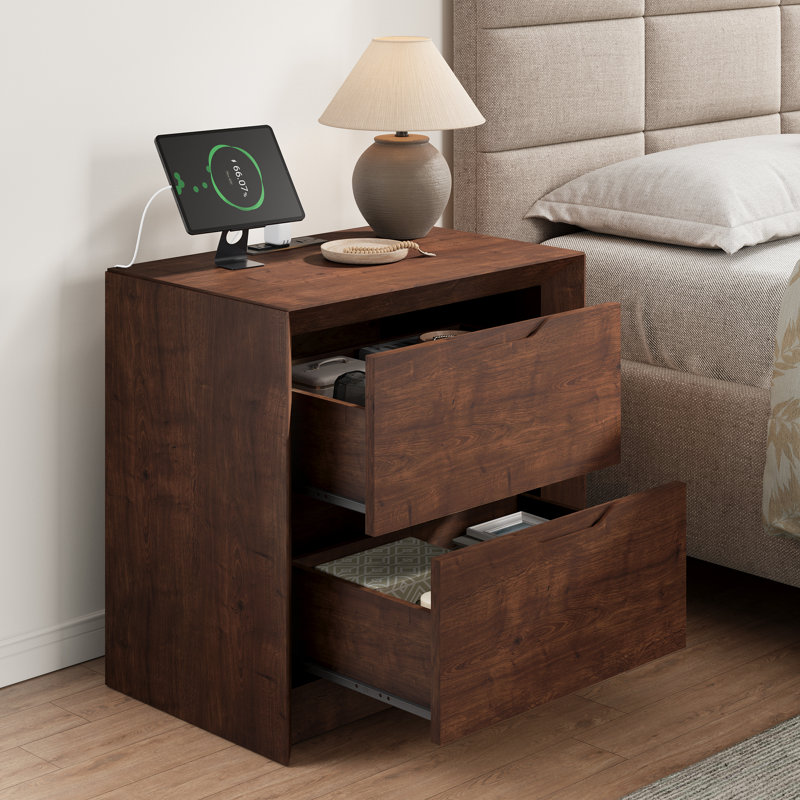 Table de chevet avec station de charge, table de chevet à panneau unique de 23,6 po au design épaissi, table de bout moderne en bois pour la chambre à coucher, le salon, la chambre double