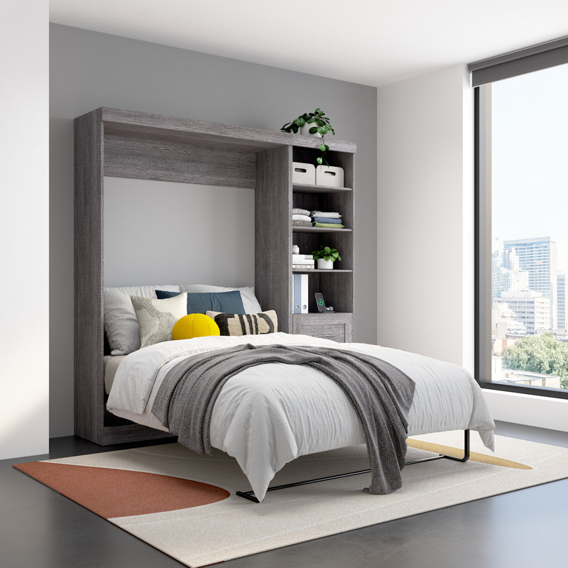 Lit escamotable double 84 W avec bureau coulissant, Gris écorce