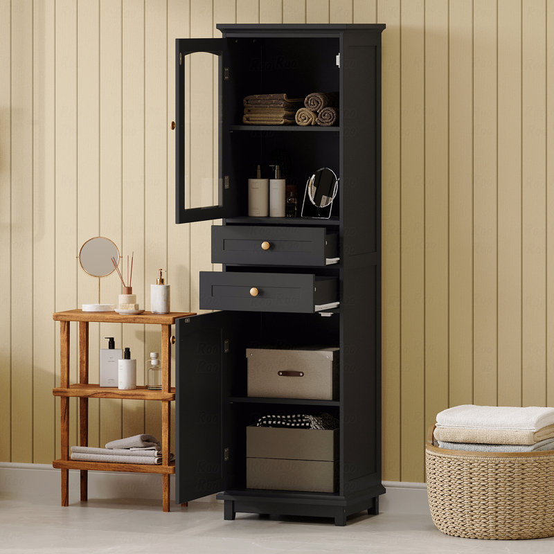 63" Tall Bathroom Storage Cabinet With Glass Doors, Free-Standing, Two Drawers, And Adjustable Shelves, MDF Board, Black