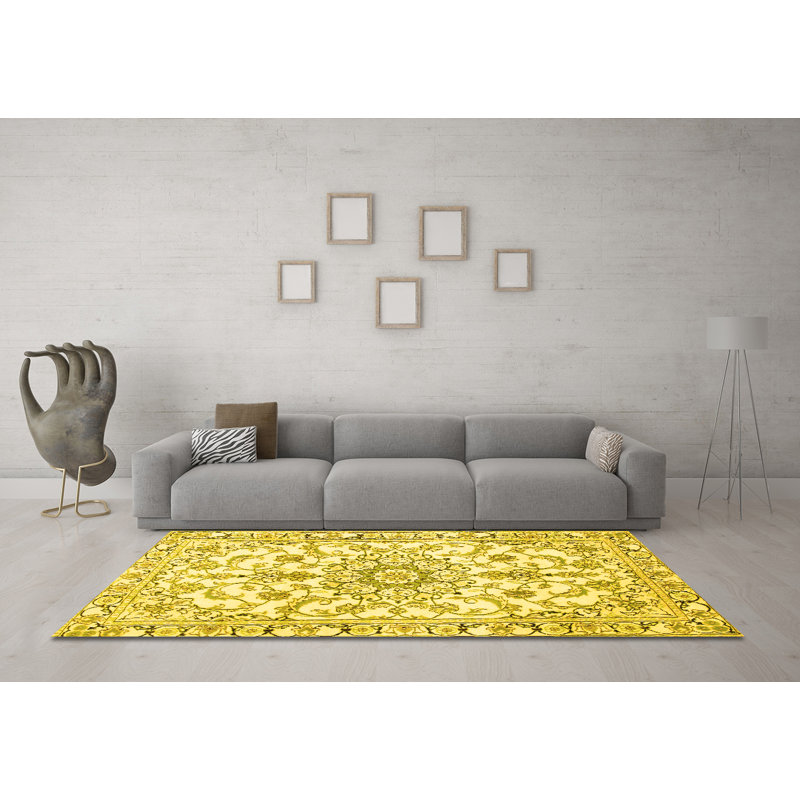 Tapis traditionnels jaunes 1177 lavables à la machine, Rond 3 pi