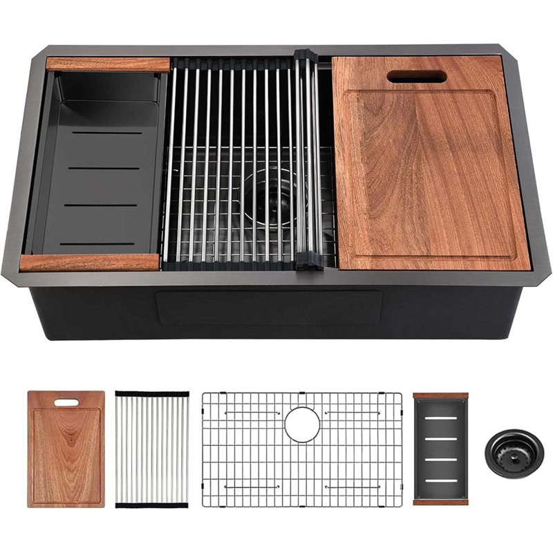 32 Gunmetal Black Undermount Workstation Kitchen Sink-32 x 19 Inch 16 Gauge Stainless Steel Undermount Kitchen Sink, Handmade R10 Radius 10 Inch Deep Undermount Single Bowl Sink with Accessories