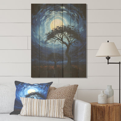 Blue Serengeti Tree III - Arbre africain sur bois
