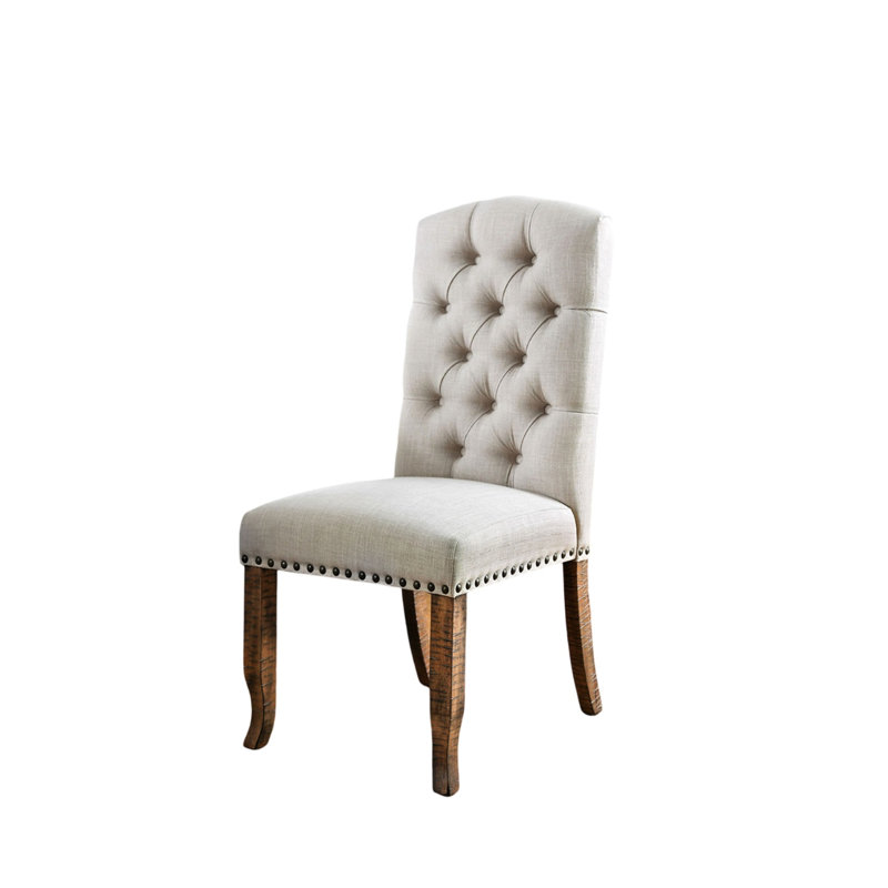 Vintage Fabric Dining Chairs, 2 , Solid Wood Rustic Construction With Cushion Seat Of 2, Oak Bold Design And Button Upholstered