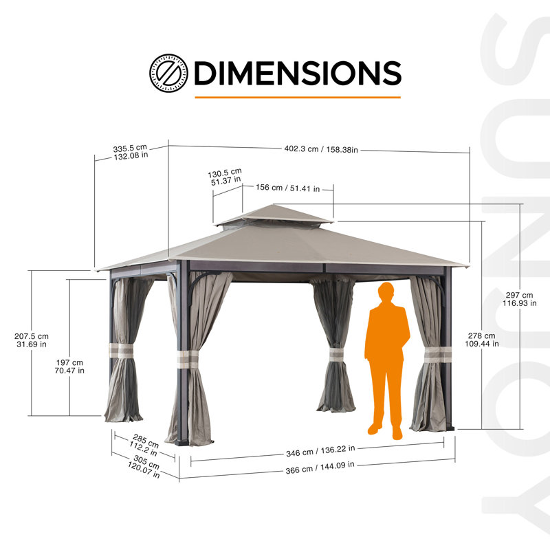 Sunjoy Roberts Outdoor Patio Steel Frame 11 x 13 ft. 2-Tier Soft Top Gazebo with Canopy Roof, Netting and Curtains, Gray