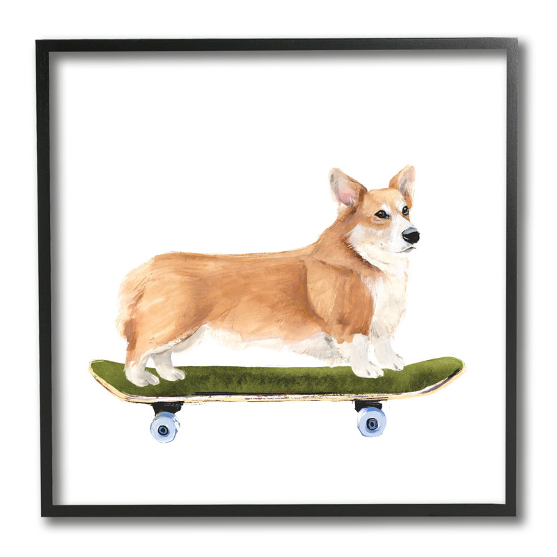 Chien Playful Corgi sur une planche à roulettes verte, H 12 po x l 12 po x P 1,5 po, Giclée encadrée noir minuit