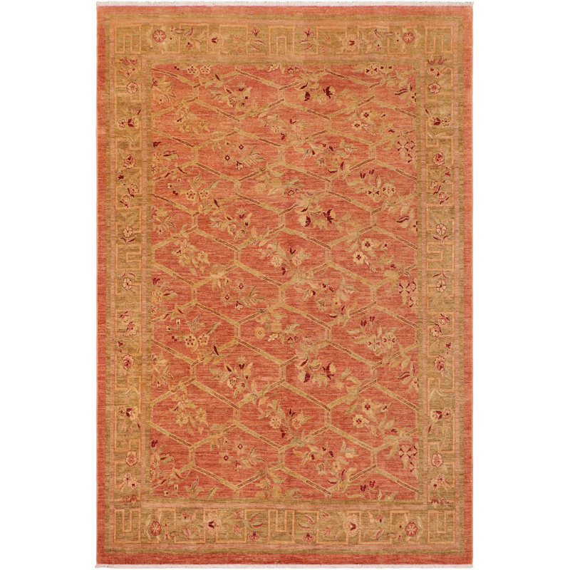 Tapis oriental vert clair / orange / rose clair en laine noué à la main 8 pi 10 po x 12 pi 2 po Eladia