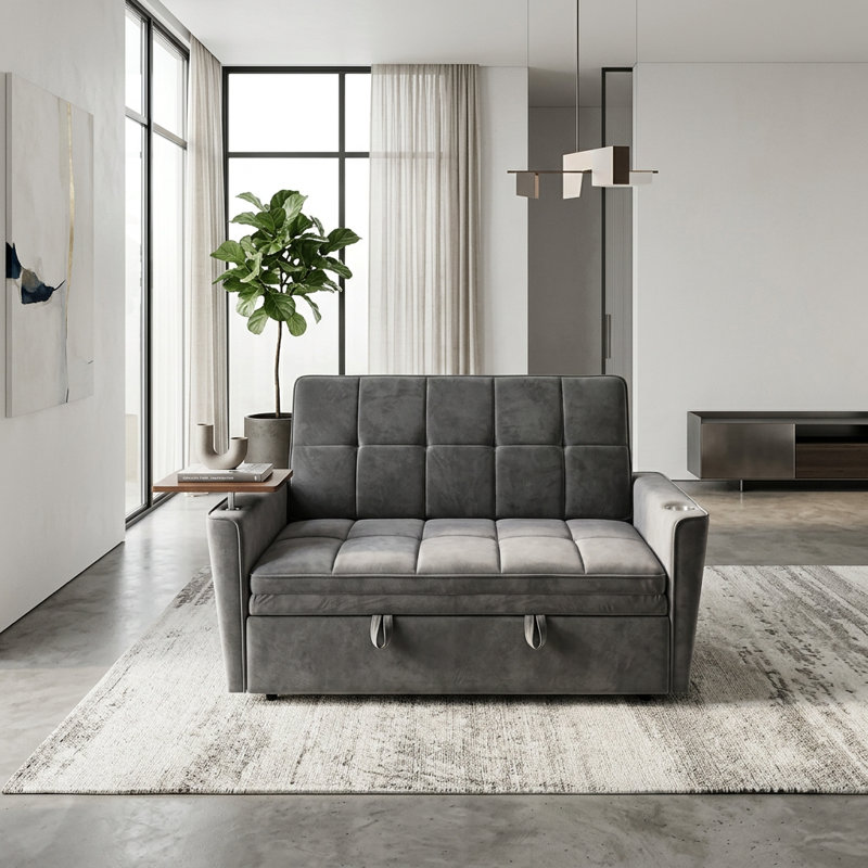 Canapé-lit 46 po escamotable pliant, petit canapé-lit convertible avec table d'appoint et port USB latéral, Gris foncé