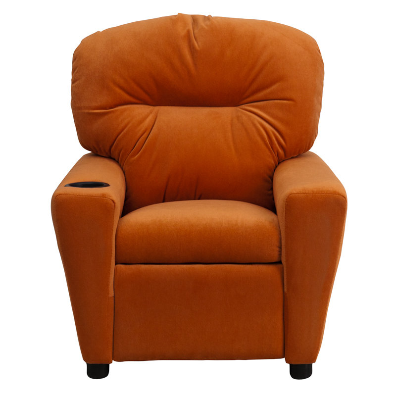 Contemporary Kids Recliner with Cup Holder, Microfiber - Orange