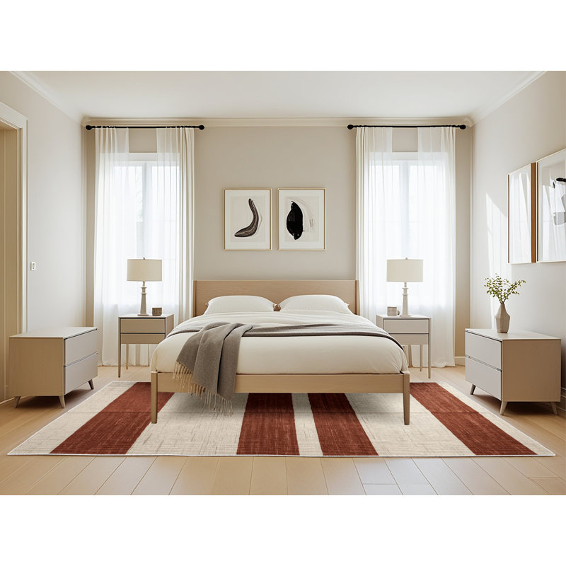 Tapis beige à rayures horizontales lavable à la machine, Rectangle 5 pi x 8 pi