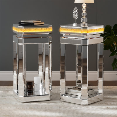 Table de bout en miroir avec lumière DEL, table de chevet en miroir avec diamants broyés, table d'appoint argentée avec espace de rangement pour le salon, la chambre à coucher et le bureau