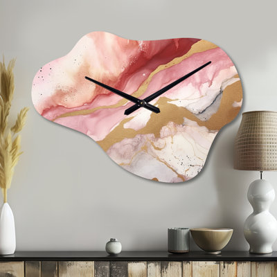 Pink and Gold Enchanted Spills I - Abstract Asymmetrical Metal Wall Clock, Modern Cloud Wall Clock Print