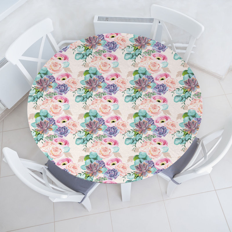 Winston Porter Floral Fitted Round Tablecloth Multicolor, 64.17" Round